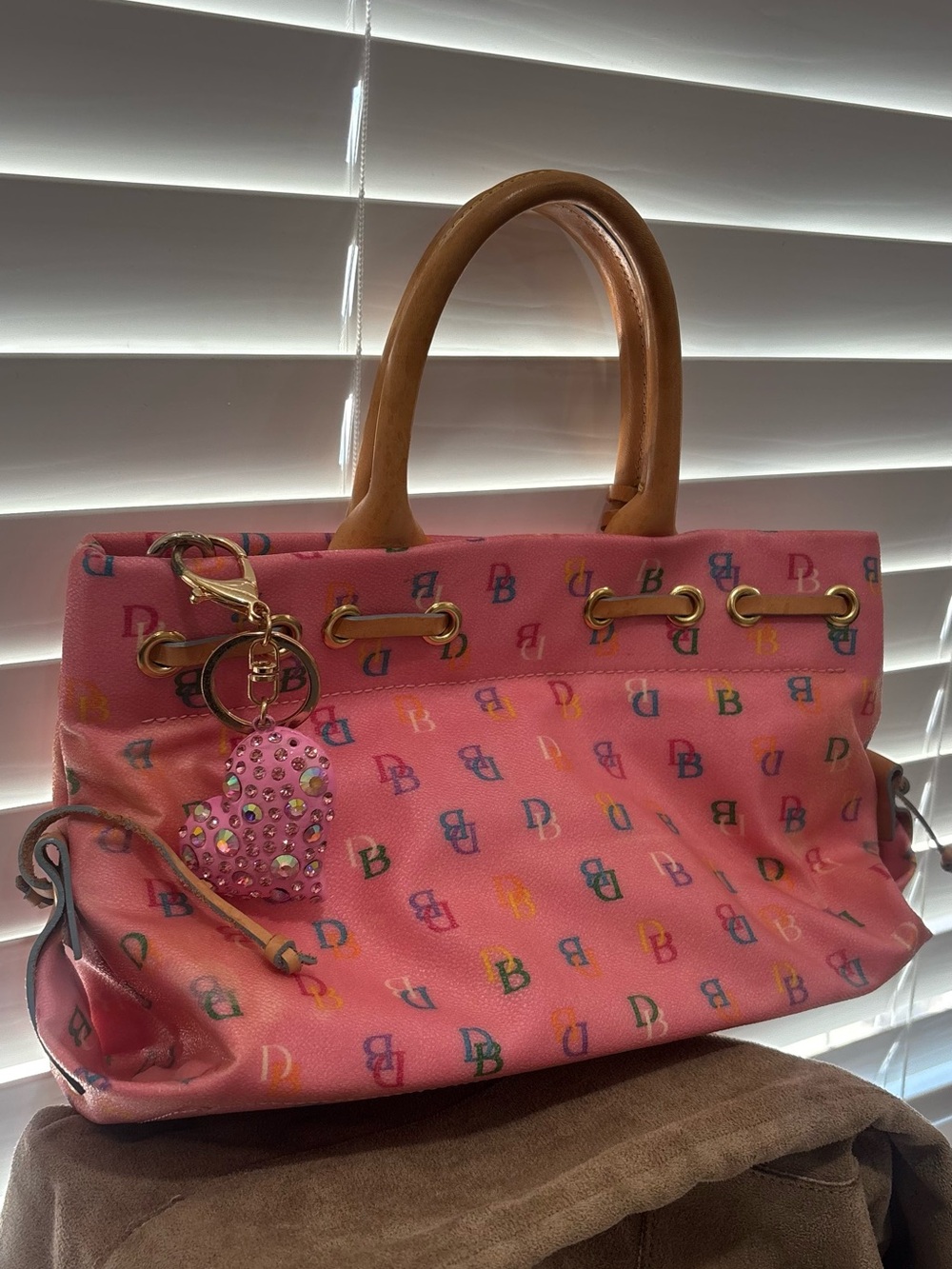 Dooney & Bourke Pink Monogram Canvas Tote with Tan Leather Trim - Picture 5 of 10